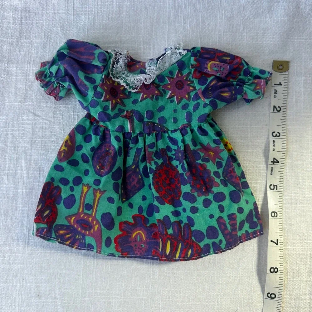 Vintage 1990s Handmade Doll Dress Teal Purple Novelty Print Lace Collar 7 Inch